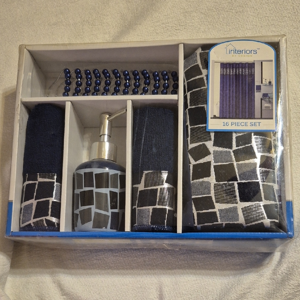 Interiors Black, Blue and Gray Shower Curtain Set